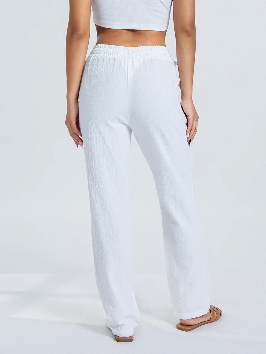 Women’s Loose Wide Leg Pants Bottom – Casual Solid Color Drawstring Trousers