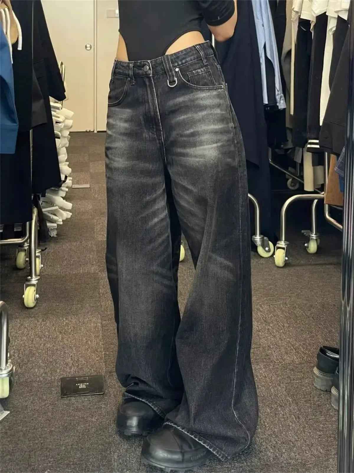 Women’s Vintage Black Wide Leg Jeans Bottom – High Waist Baggy Denim Pants
