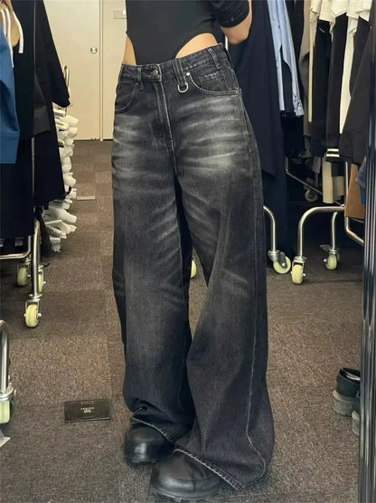 Women’s Vintage Black Wide Leg Jeans Bottom – High Waist Baggy Denim Pants