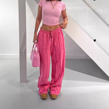 Women’s Mid Waist Wide Leg Pants Bottom – Elegant Office Trousers with Drawstring Loose Fit Y2K Streetwear