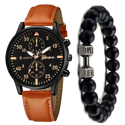 Men’s Luxury Watch Jewelry Set – Leather Strap Fashion Wristwatches Gift Pack with bracelet