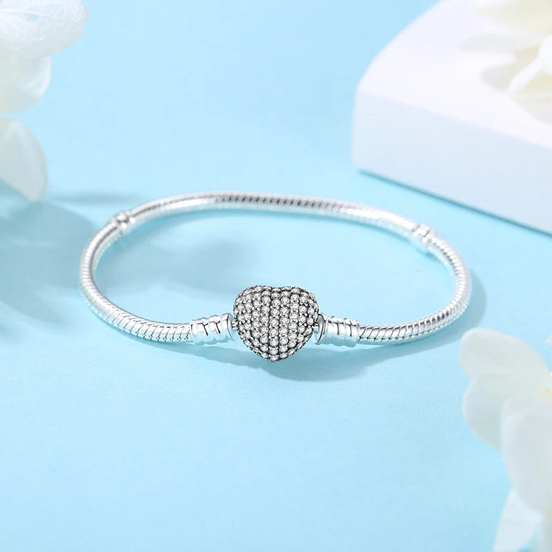 Women’s 925 Sterling Silver Bracelet – Rose Gold Snake Chain with Heart Charm Beads Jewelry