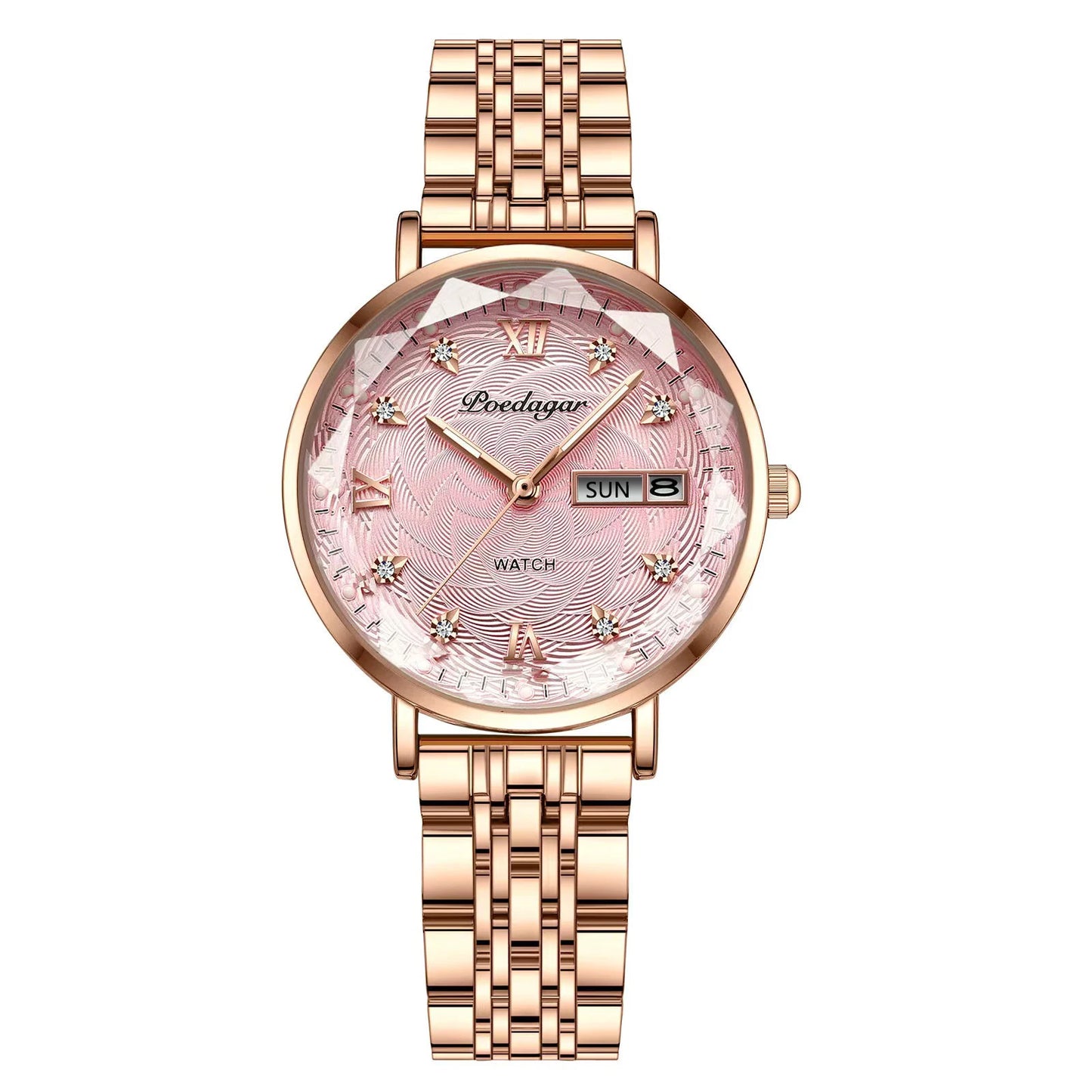 Women’s Luxury Stainless Steel Watch | Waterproof Luminous Quartz Wristwatch with Date & Week Display