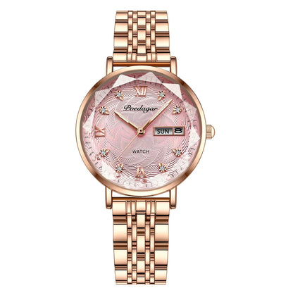Women’s Luxury Stainless Steel Watch | Waterproof Luminous Quartz Wristwatch with Date & Week Display