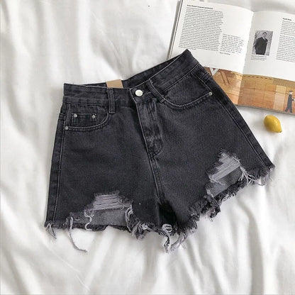 Women’s High Waist Denim Shorts Bottom – Korean Y2K Ripped Jeans Shorts with Pockets & Tassels Summer Streetwear
