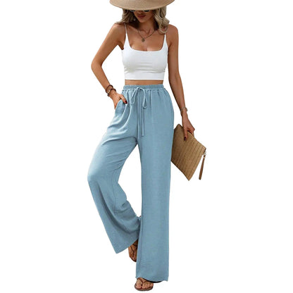 Women’s High-Waist Wide-Leg Pants – Elastic Waist Straight Trousers with Tie Front & Pockets