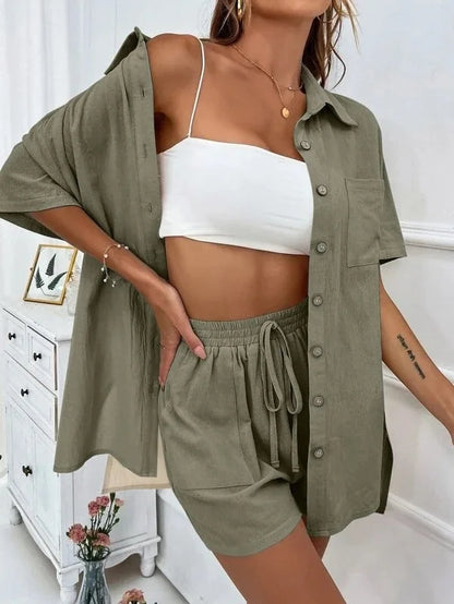 Women’s Long Sleeve Single-Breasted Broad-Leg Casual Set | Sexy Solid Summer 2-Piece Outfit