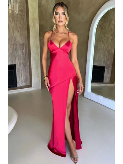 Women’s Satin Spaghetti Strap Dress – Elegant Backless Lace-Up Split Hem Long Party Maxi Dress