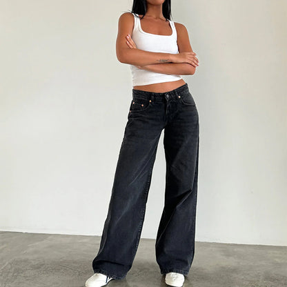 Women’s Jeans Bottom – Low Waist Straight Denim Pants with Pockets Casual Y2K Streetwear
