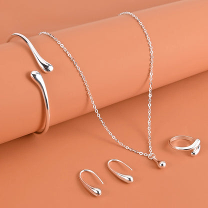 Women’s 925 Sterling Silver Water Droplet Jewelry Set – Elegant Earrings, Ring & Bracelet