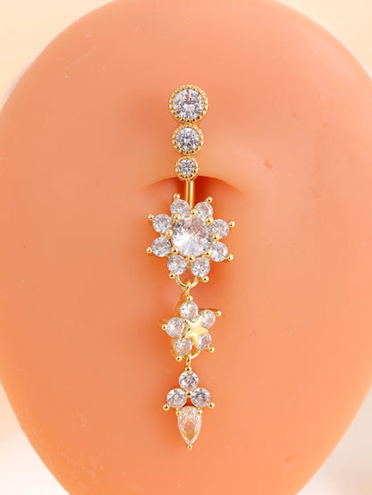 Women’s Gold Stainless Steel Belly Button – Long Dangle Flower CZ Crystal Navel Piercing Jewelry