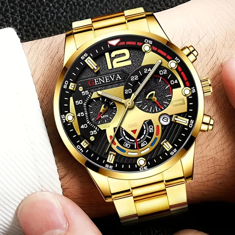 Men’s Luxury Quartz Watch Gift Jewelry Set – Gold Roman Calendar Wristwatch with Cross Necklace, Bracelet & Ring
