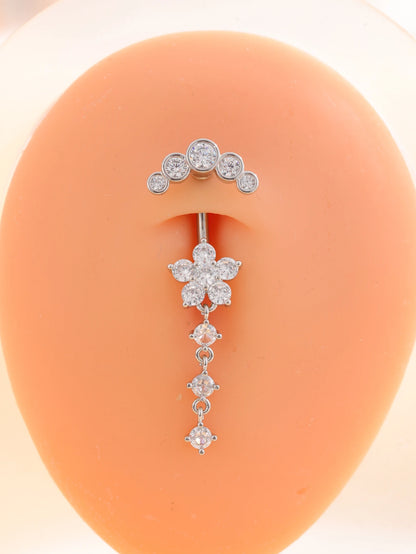 Women’s Gold Stainless Steel Belly Button – Long Dangle Flower CZ Crystal Navel Piercing Jewelry