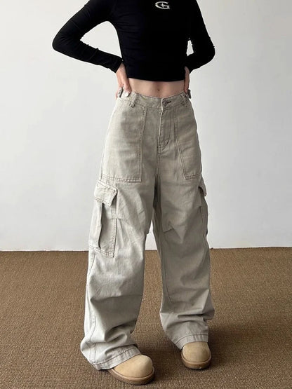 Women’s Y2K Light Khaki Baggy Cargo Jeans Bottom – Wide Leg Casual Streetwear