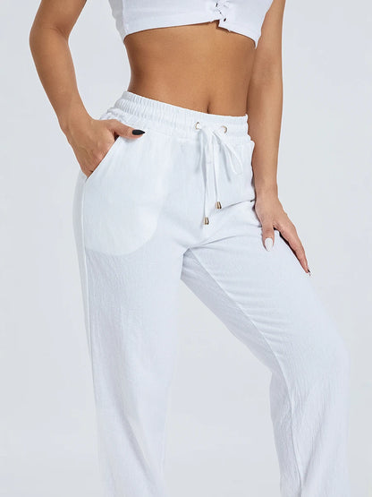 Women’s Loose Wide Leg Pants Bottom – Casual Solid Color Drawstring Trousers