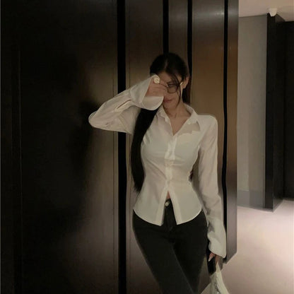 Women’s Korean Bandage Shirt Top – Slim Fit Bell Sleeve Blouse for Spring Casual Streetwear