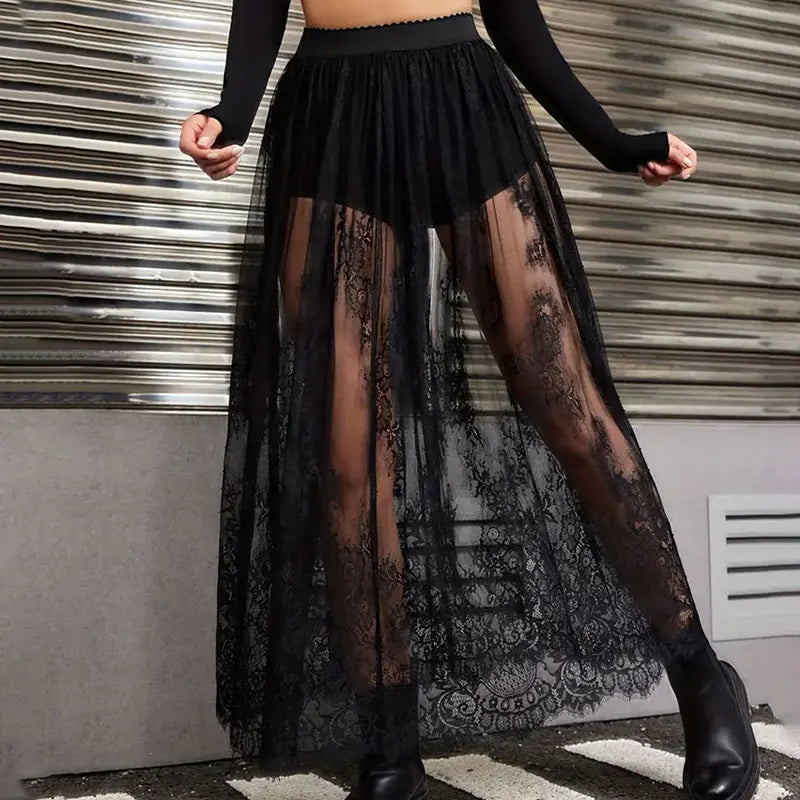 Women’s Elegant Lace Maxi Skirt Bottom – Sexy See-Through Black High Waist Party Skirt