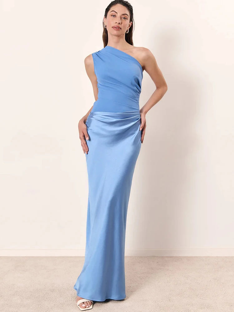 Women’s One-Shoulder Satin Maxi Dress – Elegant Evening Party Gown