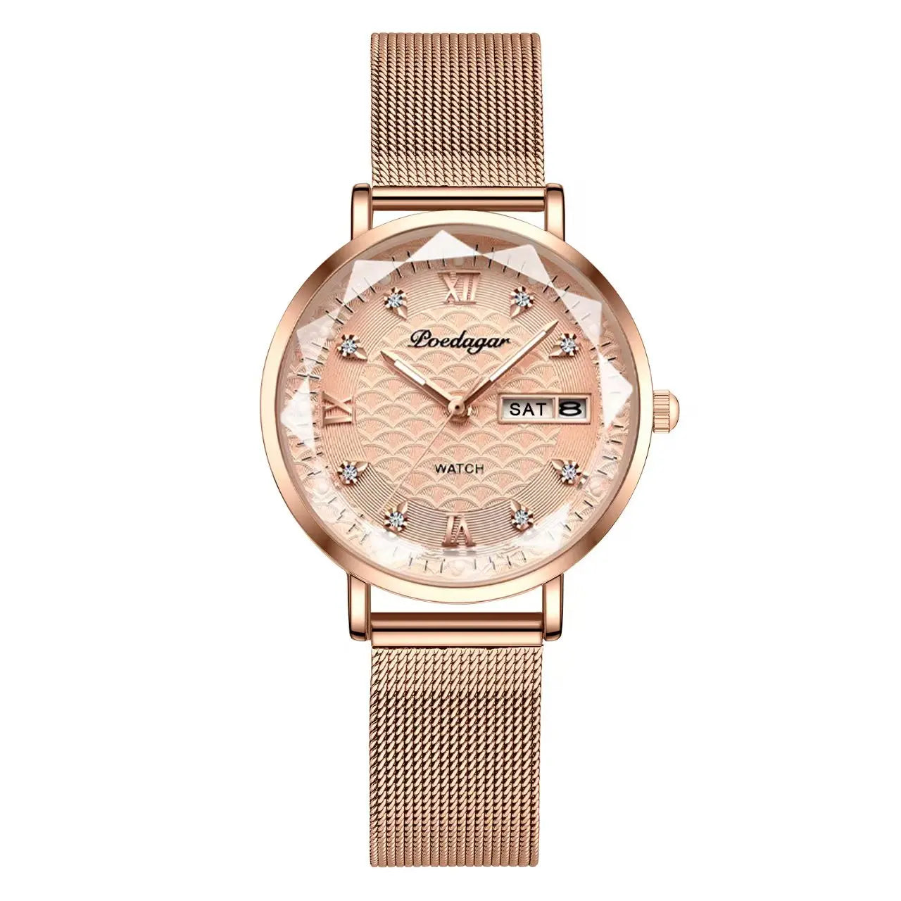 Women’s Luxury Stainless Steel Watch – Waterproof Wristwatch with Date & Week Display