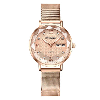 Women’s Luxury Stainless Steel Watch – Waterproof Wristwatch with Date & Week Display