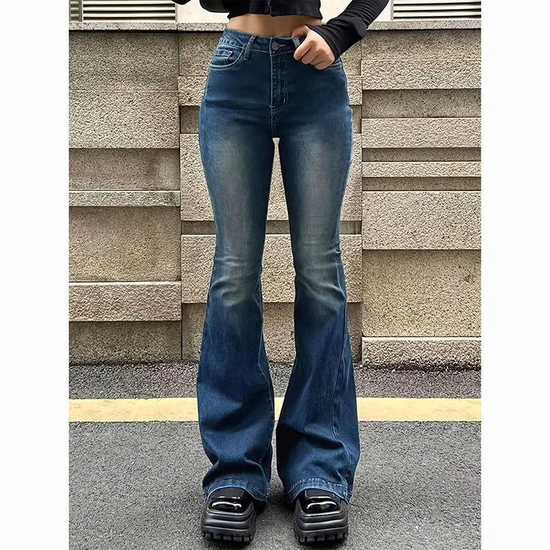 Women’s High Waist Flared Denim Bottom – Stretchy Bootcut Jeans with Bell Hem, Solid Color Casual Trousers