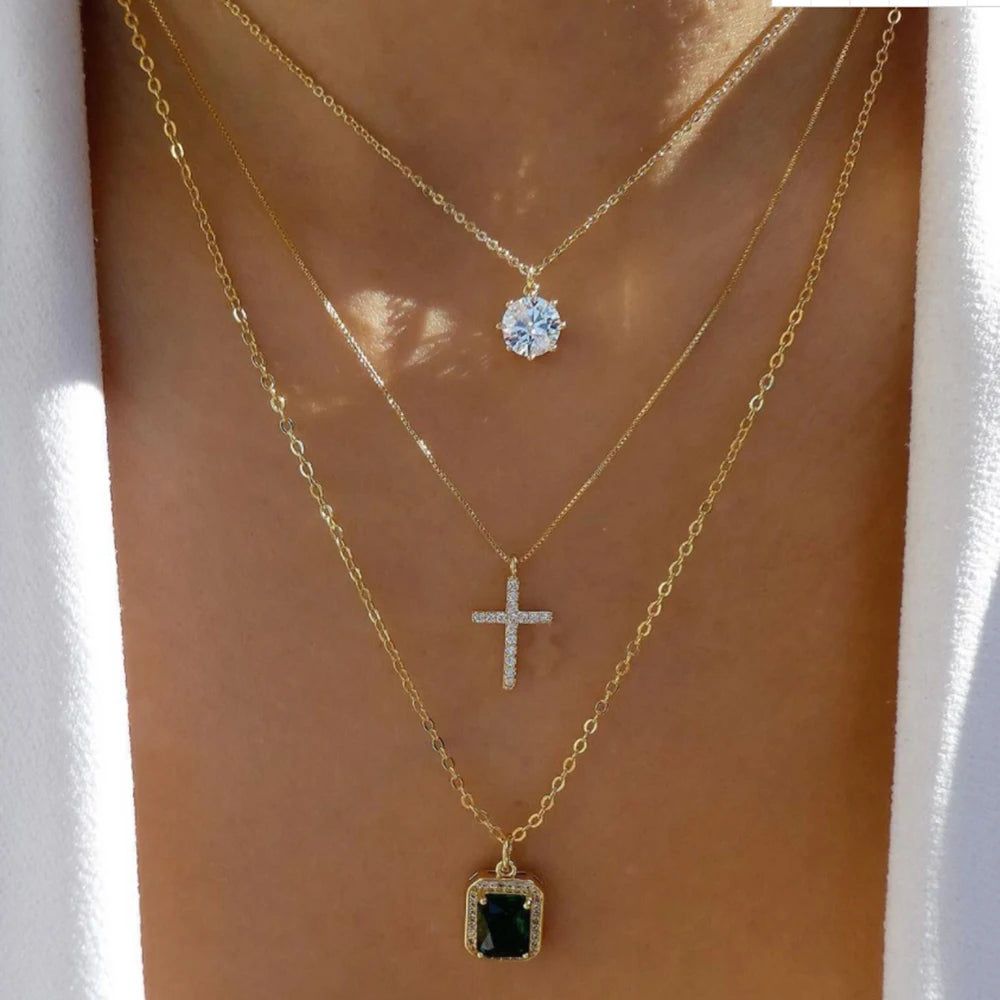Women’s Jewelry Boho Layered Crystal Pendant Necklace | Vintage | Gold Tone | Trendy