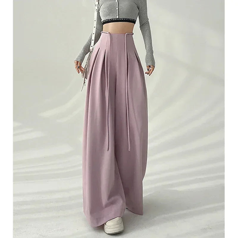 Women’s Streetwear Wide Leg Pants Bottom – Korean High Waist Lace-Up Suit Trousers, Elegant Black Summer Fashion