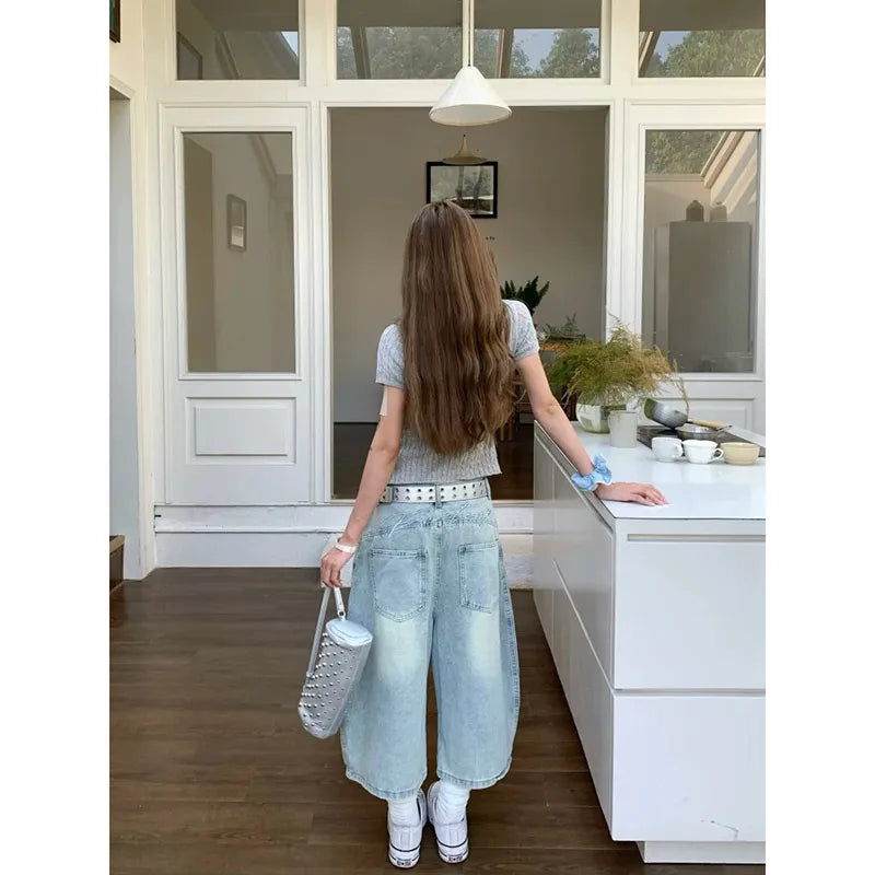 Women’s High-Waisted Denim Bermuda Bottom – Vintage Loose-Fit Straight-Leg Five-Point Pants Summer Style