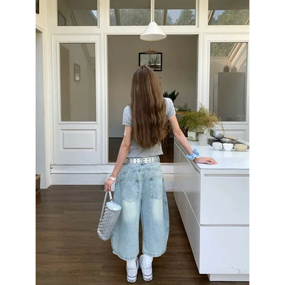 Women’s High-Waisted Denim Bermuda Bottom – Vintage Loose-Fit Straight-Leg Five-Point Pants Summer Style