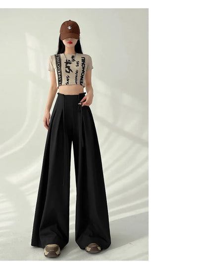 Women’s Streetwear Wide Leg Pants Bottom – Korean High Waist Lace-Up Suit Trousers, Elegant Black Summer Fashion