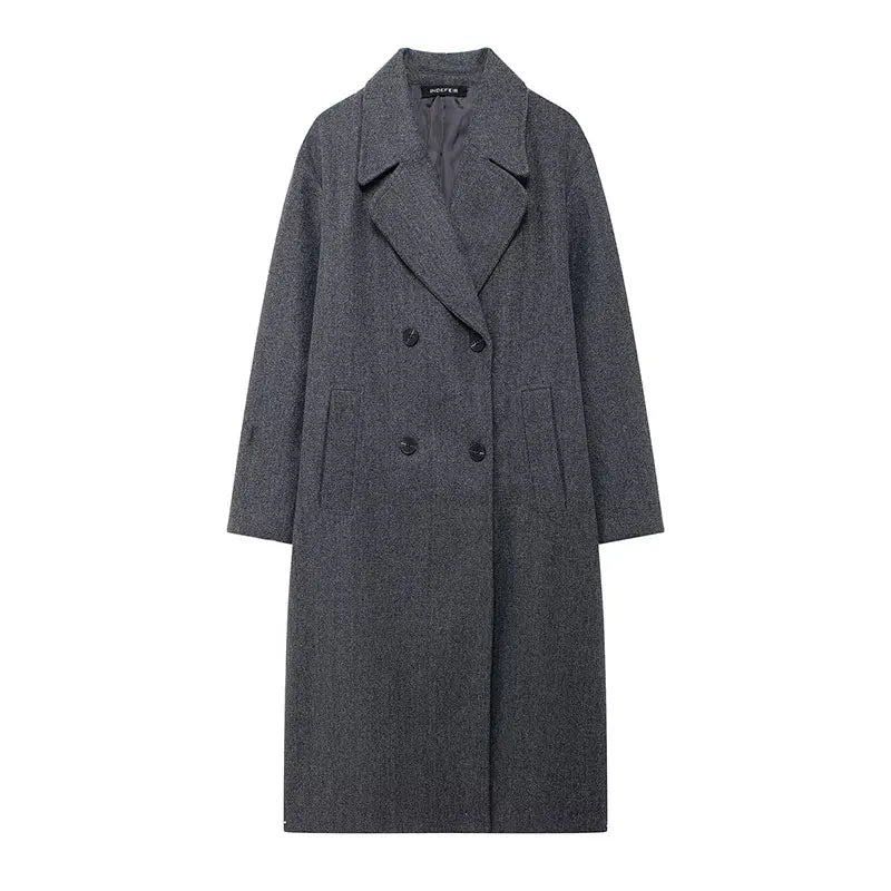 Women’s Solid Lapel Double Breasted Winter Long Coat | Elegant Streetwear Outerwear