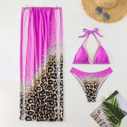 Women’s Sexy Print Halter Bikini Set | Three-Piece Swimwear | Beachwear Swimsuit Set