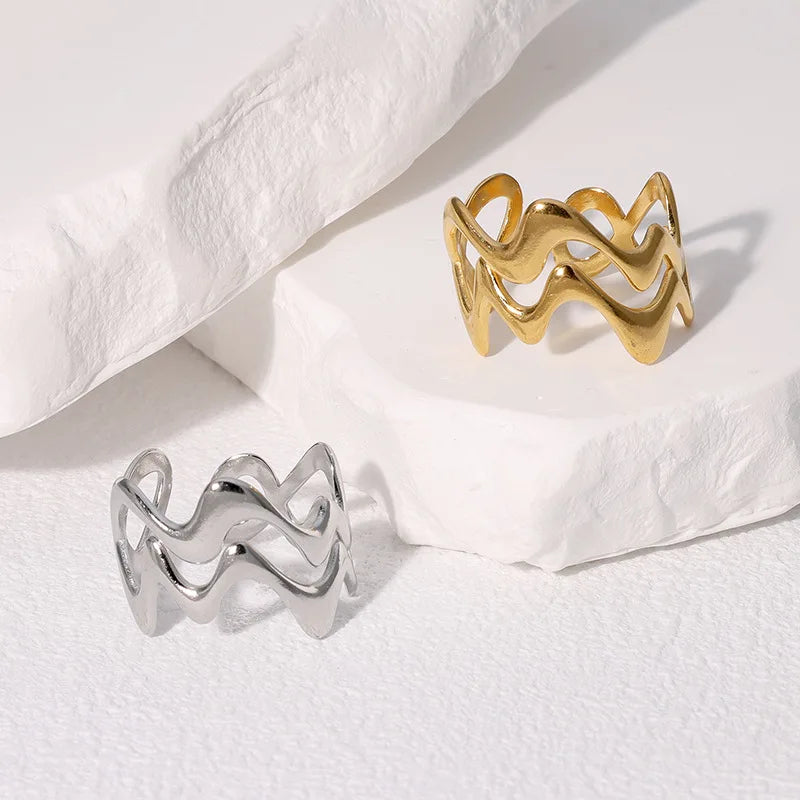 Women’s Irregular Wave Stainless Steel Ring – Adjustable Gold Color Statement Jewelry