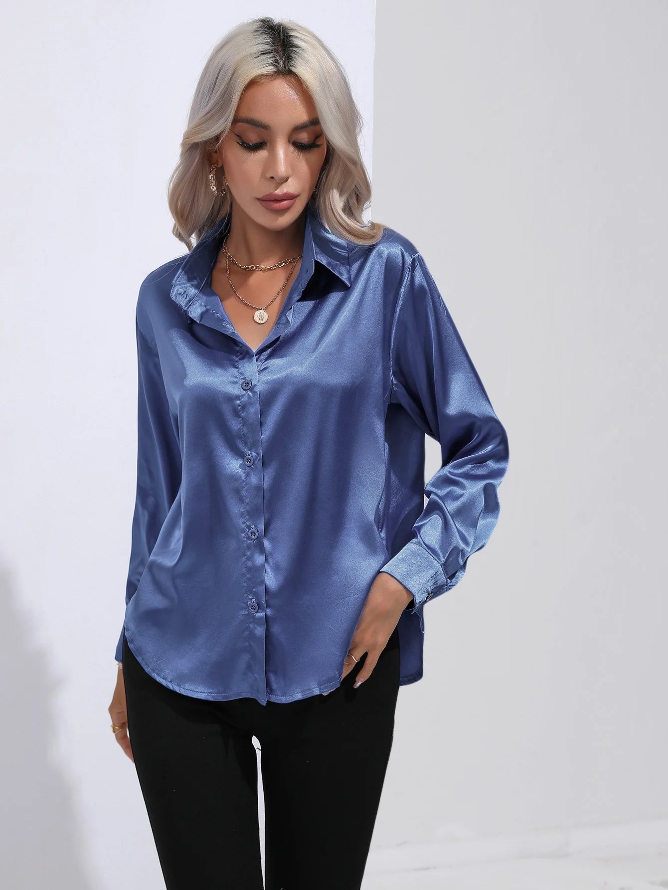 Women’s Satin Imitation Silk Shirt | Long Sleeve Lapel Office Top | Elegant Solid Blouse