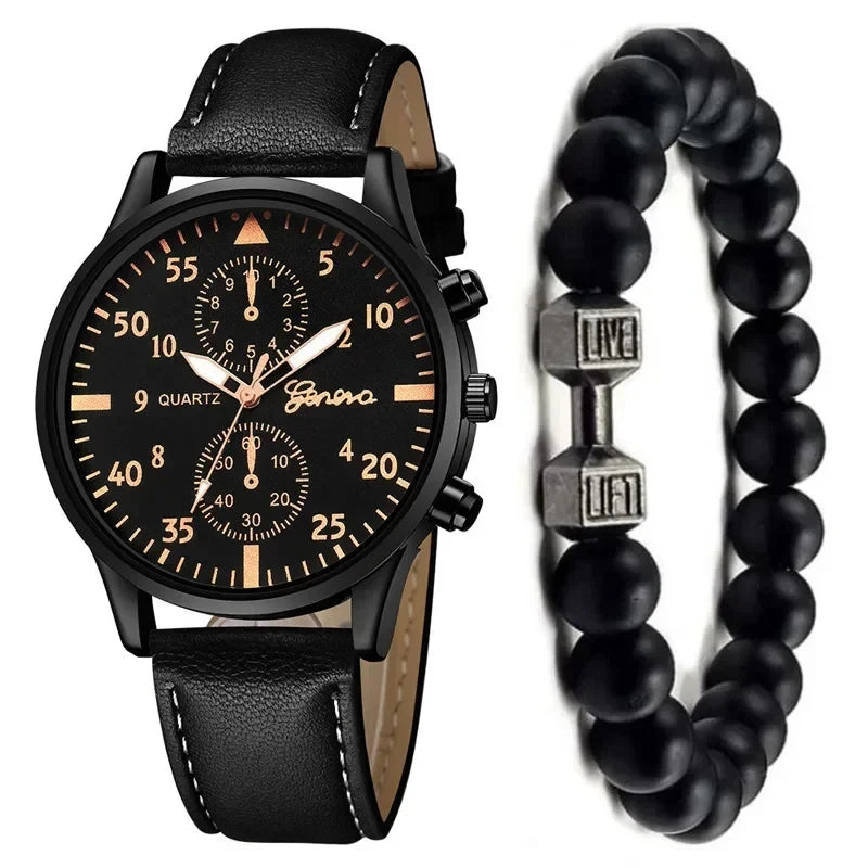 Men’s Luxury Watch Jewelry Set – Leather Strap Fashion Wristwatches Gift Pack with bracelet