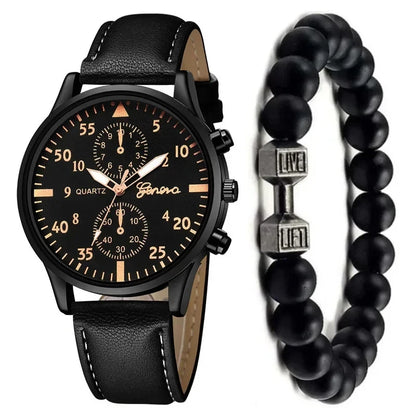 Men’s Luxury Watch Jewelry Set – Leather Strap Fashion Wristwatches Gift Pack with bracelet