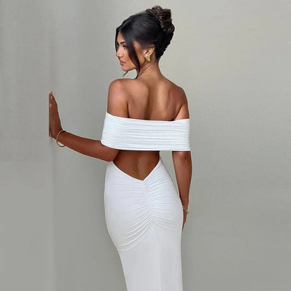 Women’s Off-Shoulder Backless Dress – Elegant Pleated High Slit Evening Party Dress