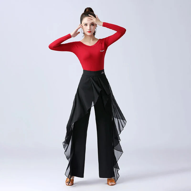 Women’s High-Waist Ruffle Dance Pants – Latin, Tango & Samba Performance Wide-Leg Trousers