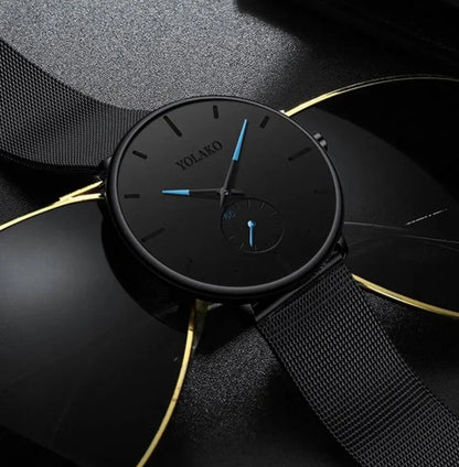 Men’s Ultra Thin Minimalist Watch – Leather & Stainless Steel Mesh Strap