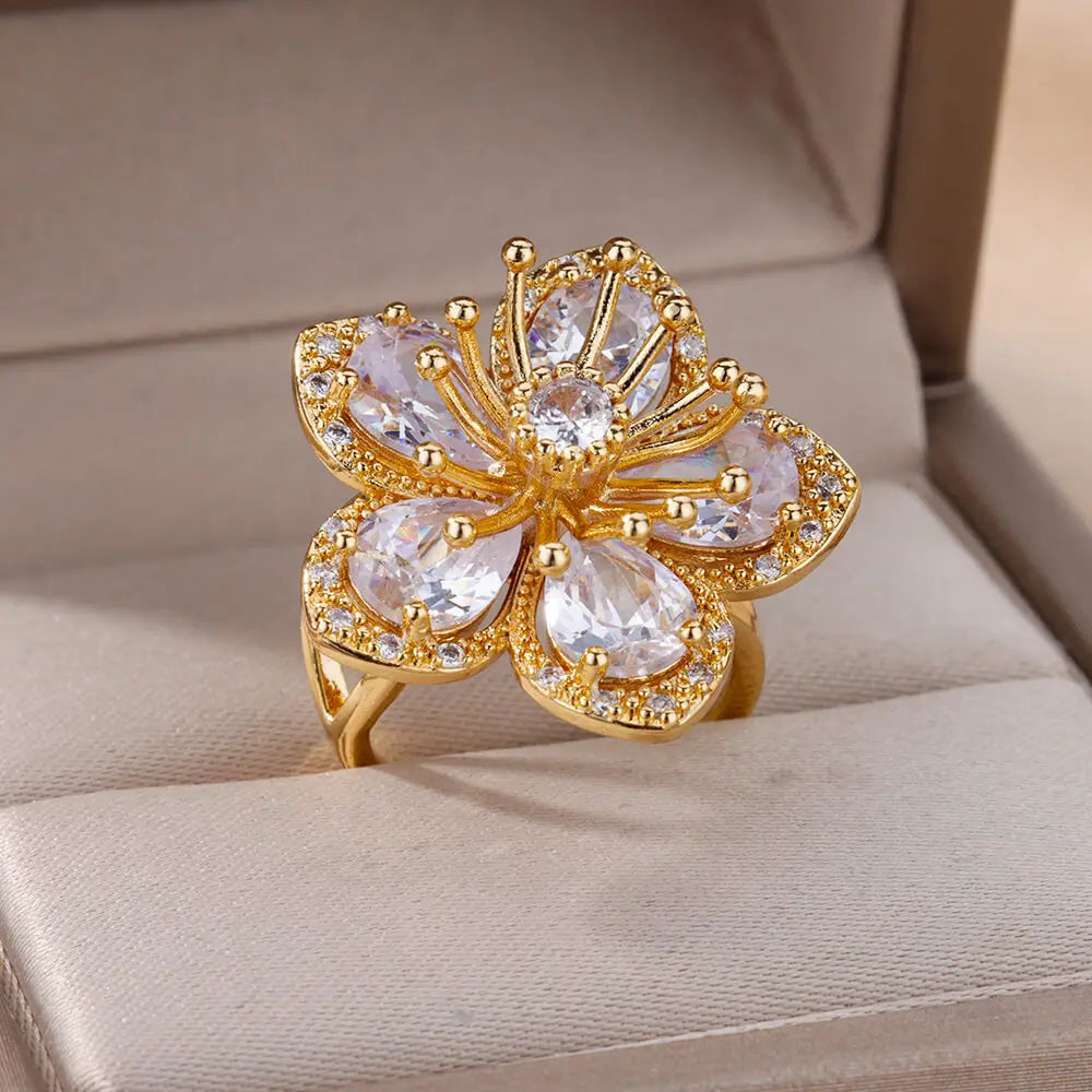 Women’s Jewelry Pink Zircon Flower Ring | Elegant | Gold Tone | Aesthetic