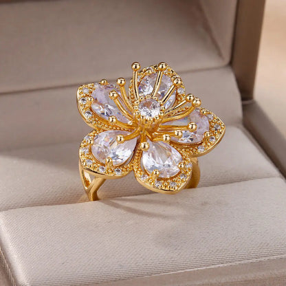 Women’s Jewelry Pink Zircon Flower Ring | Elegant | Gold Tone | Aesthetic