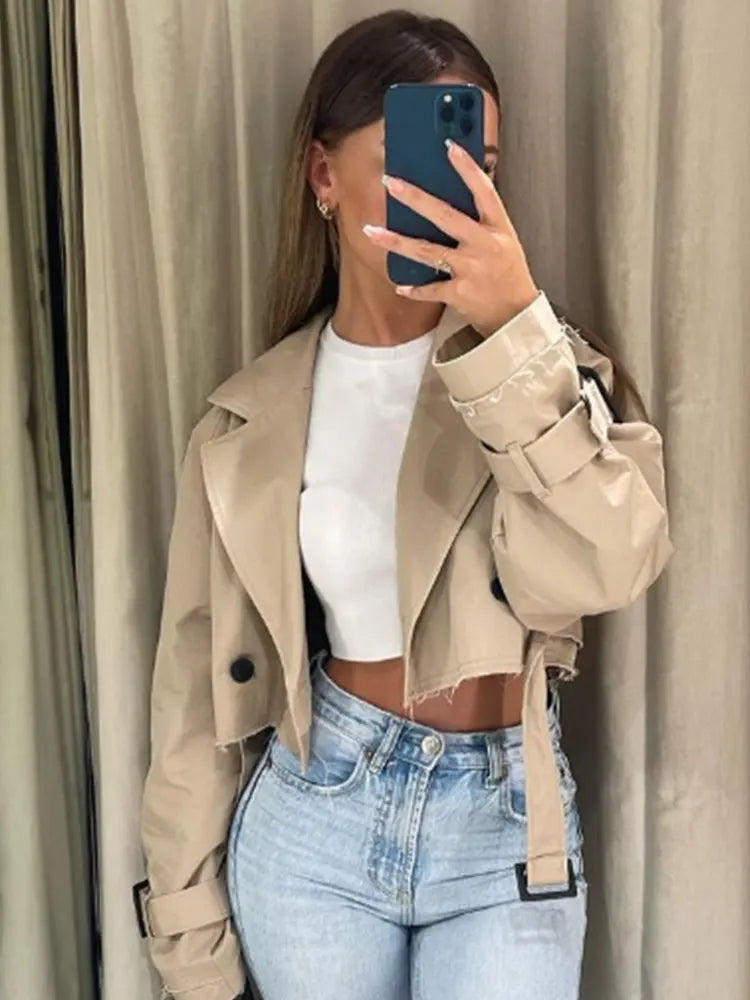 Women’s Belted Cropped Trench Jacket | Vintage Double-Breasted Spring Streetwear | Long Sleeve Coat