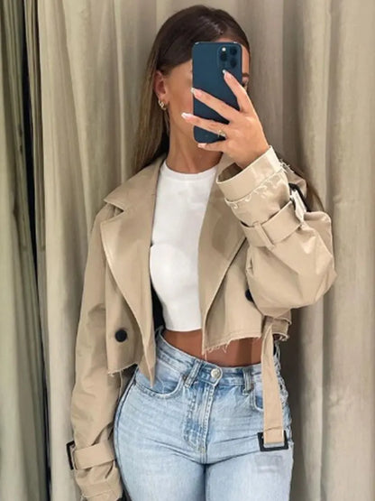 Women’s Belted Cropped Trench Jacket | Vintage Double-Breasted Spring Streetwear | Long Sleeve Coat
