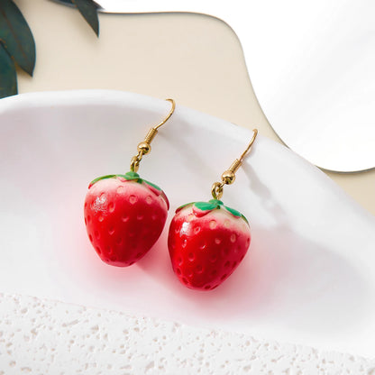 Women’s Strawberry Flower Drop Earrings – 3D Red Fruit & Green Leaf Dangle Jewelry
