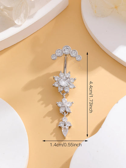 Women’s Gold Stainless Steel Belly Button – Long Dangle Flower CZ Crystal Navel Piercing Jewelry