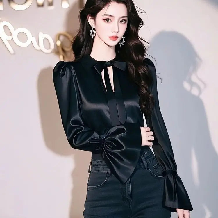 Women’s French Bow Black Hollow Satin Shirt – Chic Flared Sleeve Spring & Autumn Top