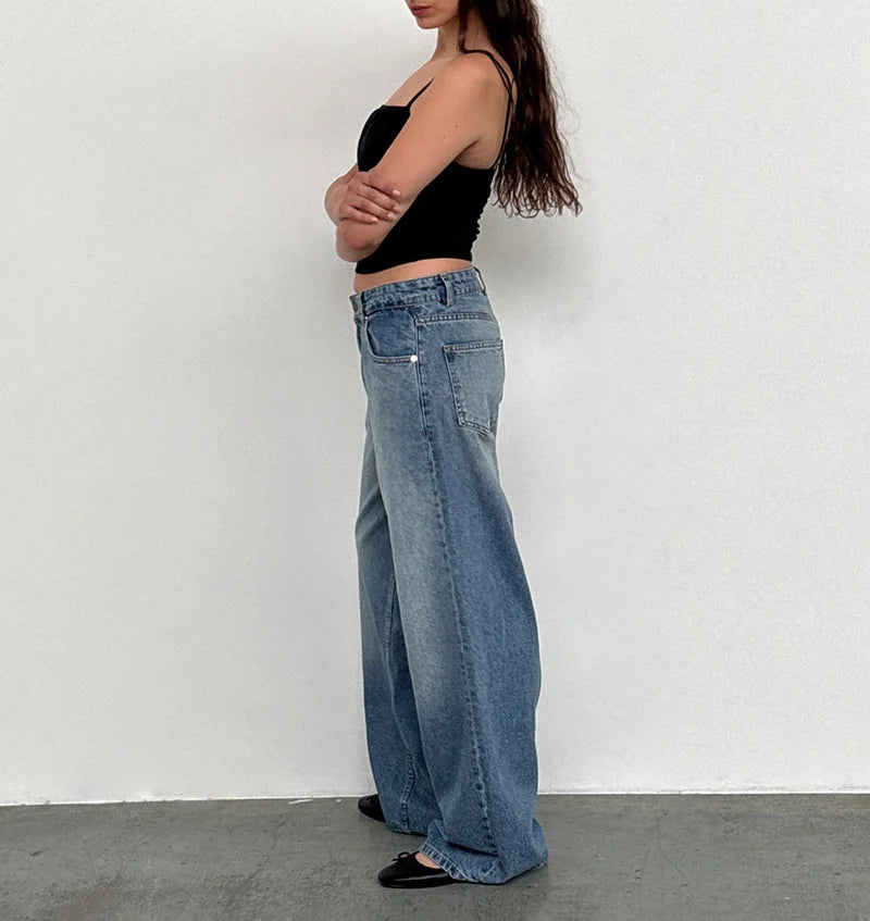 Women’s Jeans Bottom – Low Waist Straight Denim Pants with Pockets Casual Y2K Streetwear