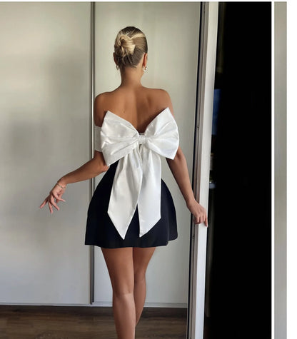 Women’s Strapless 3D Bow Evening Mini Dress – Sexy Backless Contrast Color Elegant Dress For Party