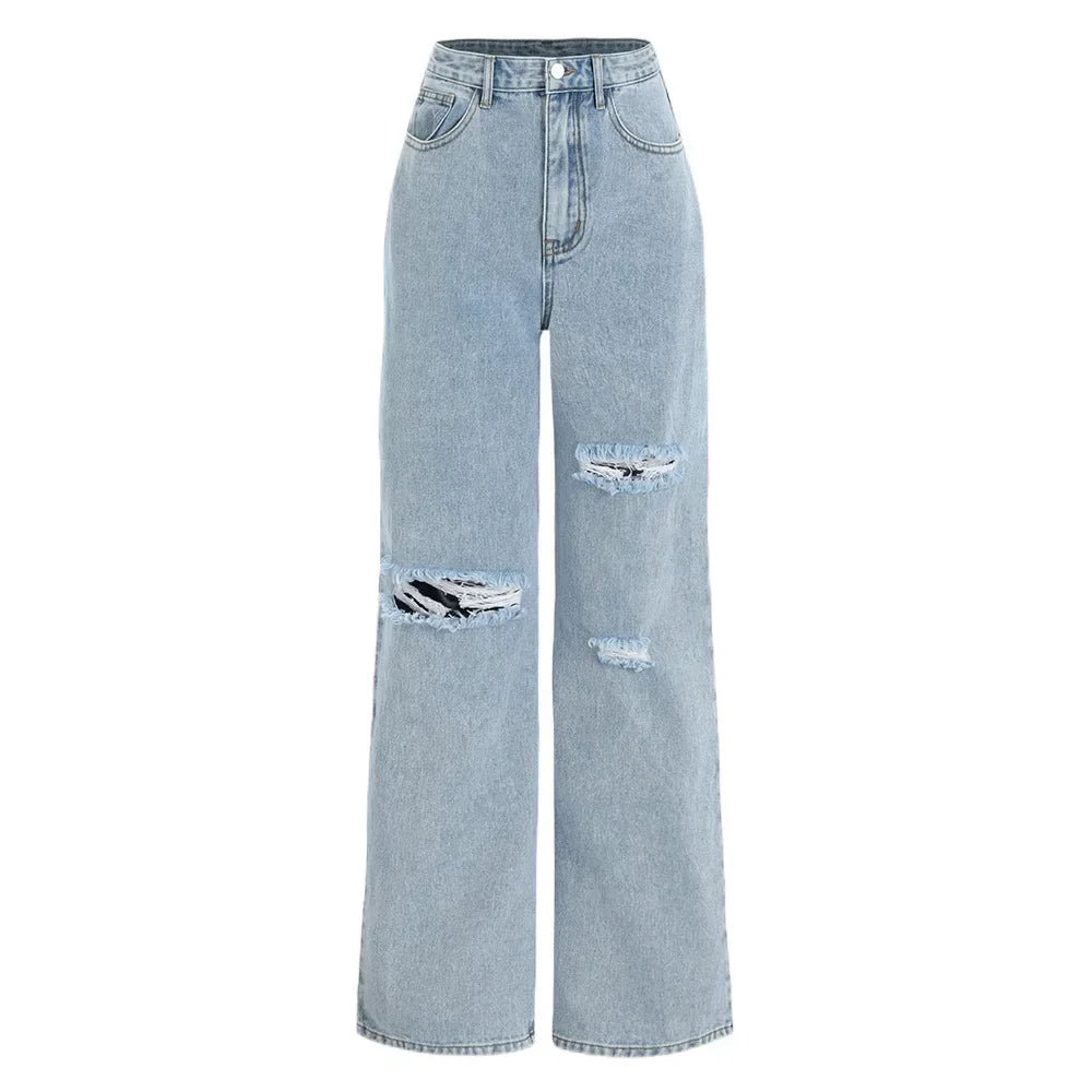 Women’s Ripped Denim Bottom – High Waist Distressed Hole Jeans, Vintage Straight Ankle-Length Pants