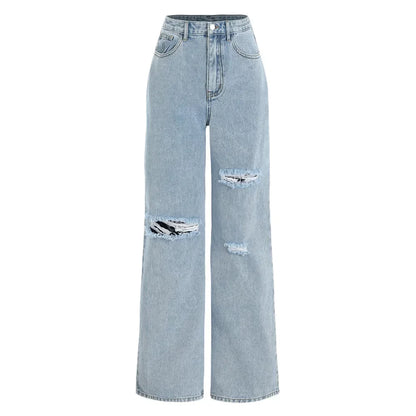 Women’s Ripped Denim Bottom – High Waist Distressed Hole Jeans, Vintage Straight Ankle-Length Pants